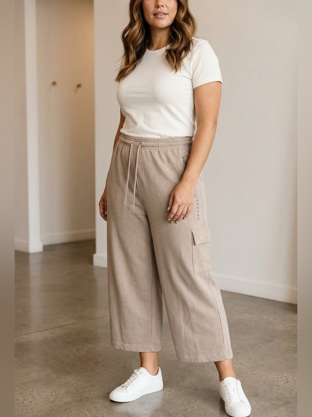 Hasting & Smith Size XL Light Brown Elastic Waist Wide Leg Knit Capri Pants